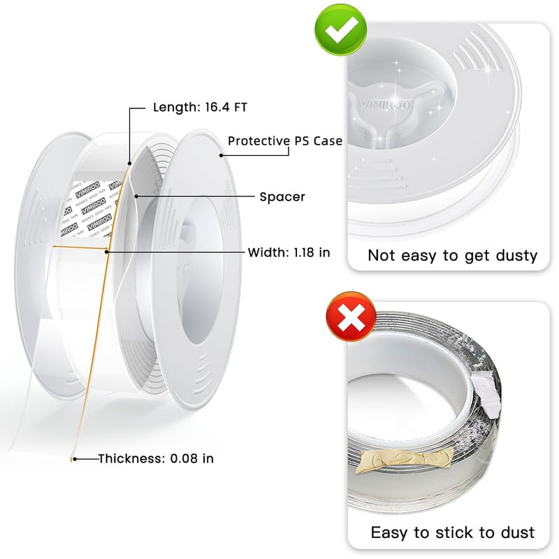 vimiroo 2 Pack Double Sided Tape Heavy Duty, Extra Large 16.4FT Nano Double Sided Mounting Tape, Transparent Strong Removable Adhesive Picture Hanging Strips, Wall Tape Sticky Poster Carpet Decor - Image 3